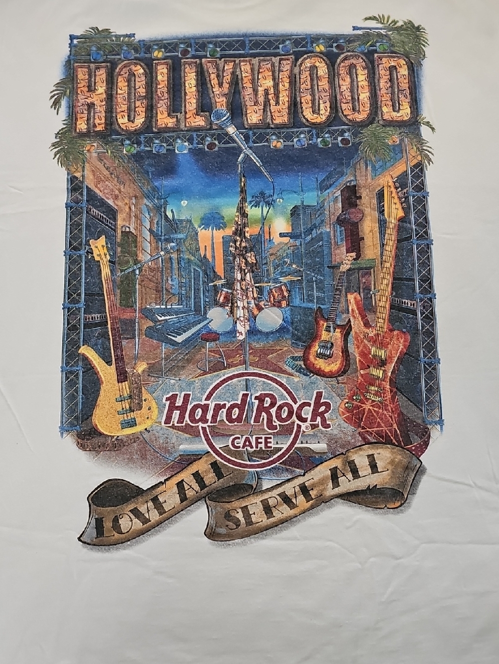 Hard Rock Cafe 2XL Nwot White Tee with Blue and Gold Hollywood Print